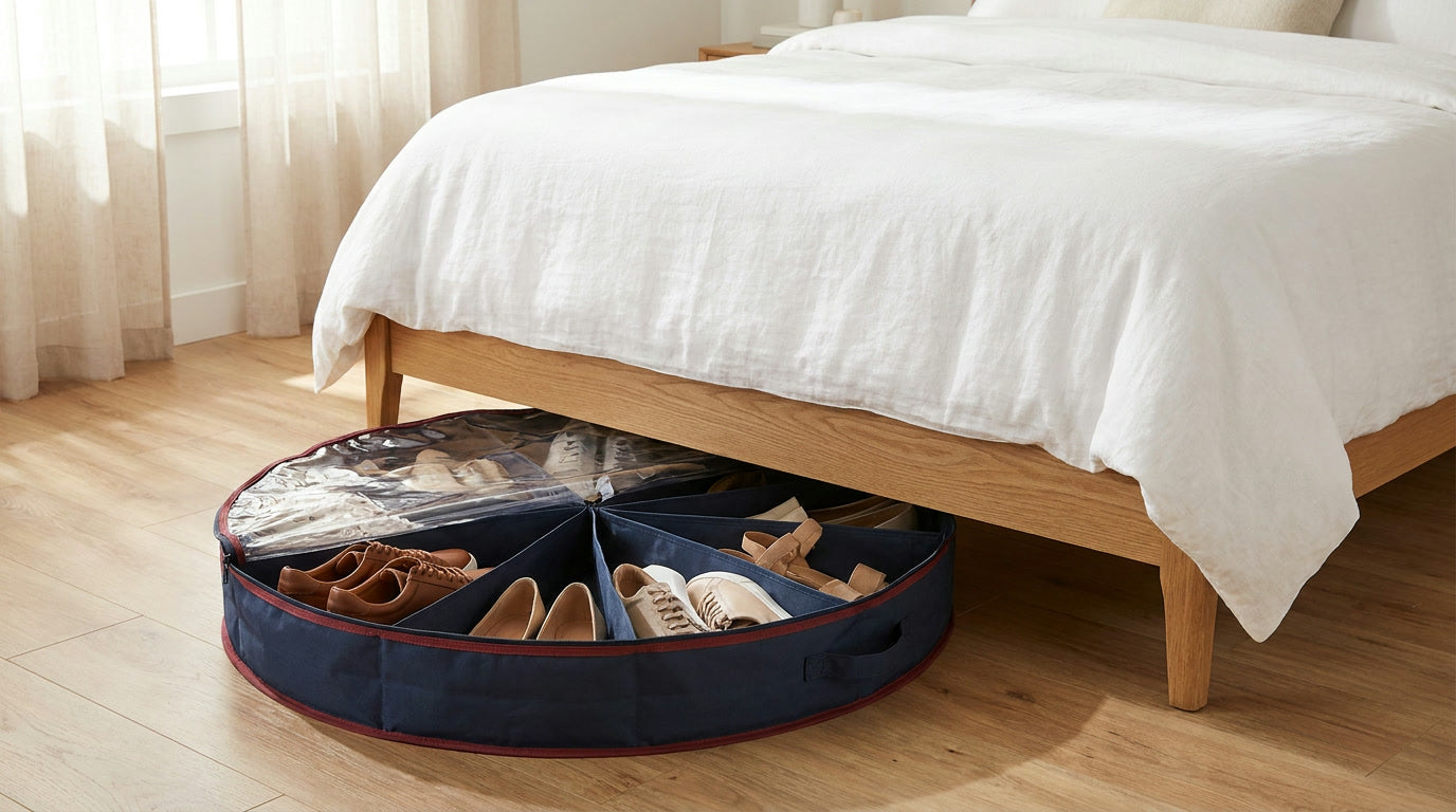 TidyLark round under-bed shoe organizer sliding out from under a bed in a bright modern bedroom