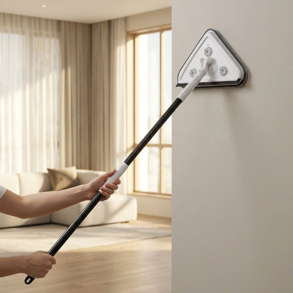 Cleaning a high wall near the ceiling with the TidyLark extendable mop — no ladder needed